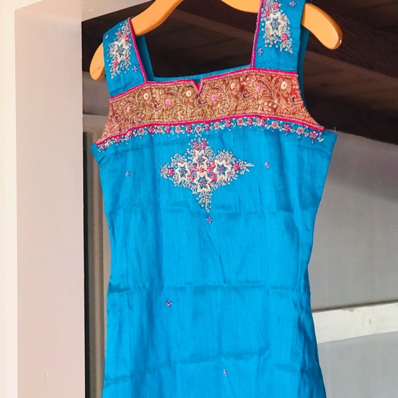 Vintage Heavily Beaded Aqua Turquoise Iridescent Indian Kurta Tunic Gems Dress. - Picture 11 of 13